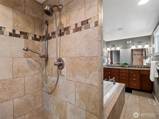 17111 NE 5th St, Bellevue, WA 98008 - full bath featuring tiled shower, double vanity, a relaxing tiled tub, and tile patterned floors