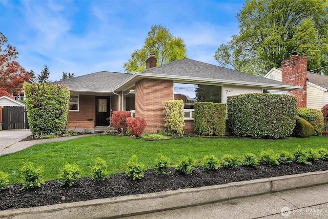 view of front facade with a chimney, roof with shingles, brick siding, fence, and a front lawn