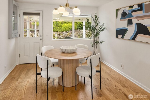dining area featuring baseboards, light wood-style flooring, and a wealth of natural light