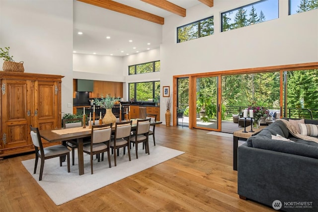 dining space featuring a healthy amount of sunlight, a high ceiling, beamed ceiling, and light wood finished floors