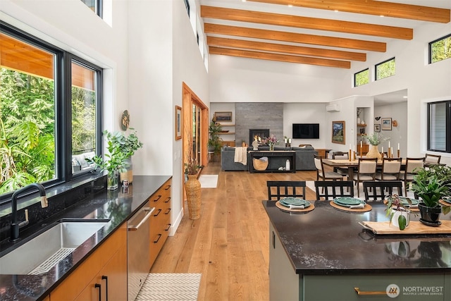 kitchen featuring stainless steel dishwasher, a sink, beamed ceiling, light wood-style floors, and a high ceiling