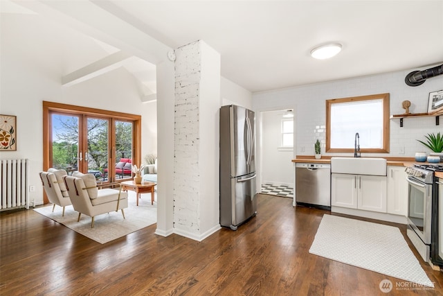 kitchen with a sink, radiator, stainless steel appliances, white cabinetry, and dark wood-style floors