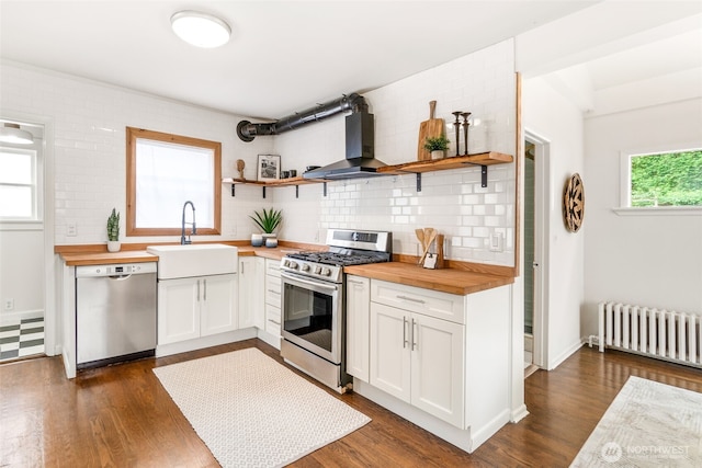 kitchen with radiator, butcher block countertops, wall chimney exhaust hood, a sink, and appliances with stainless steel finishes