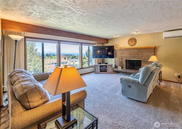 carpeted living area with a textured ceiling and a healthy amount of sunlight