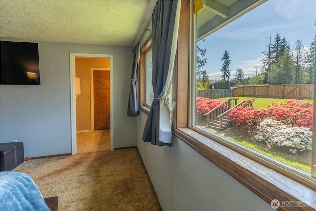 bedroom featuring carpet floors, a textured ceiling, and baseboards
