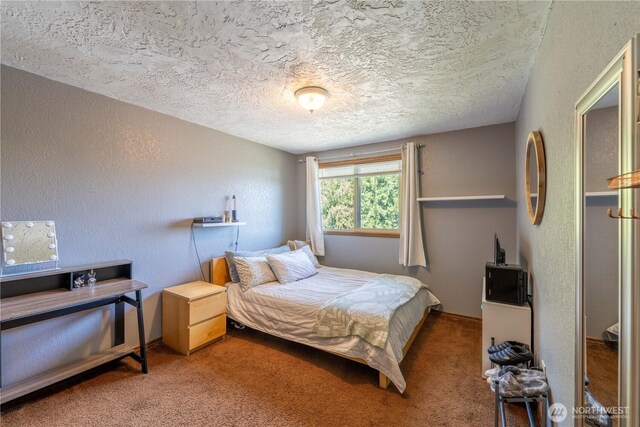 carpeted bedroom with a textured wall and a textured ceiling