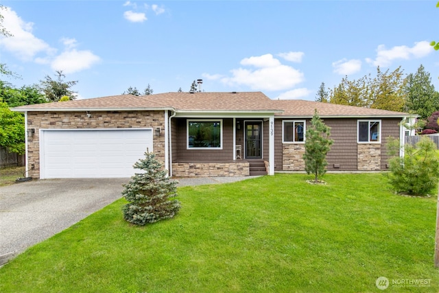 single story home with a front yard, stone siding, roof with shingles, an attached garage, and driveway