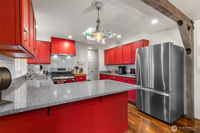 kitchen featuring a peninsula, tasteful backsplash, a sink, dark wood finished floors, and stainless steel appliances