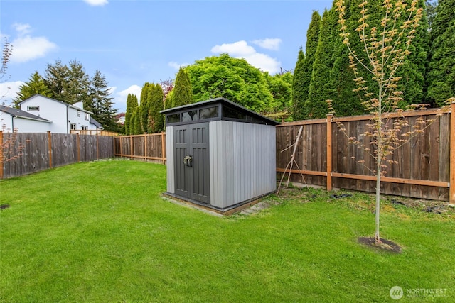view of shed featuring a fenced backyard