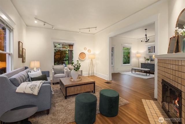 living area with wood finished floors, healthy amount of natural light, a tile fireplace, baseboards, and ornamental molding