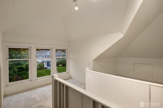 hall with lofted ceiling and carpet floors