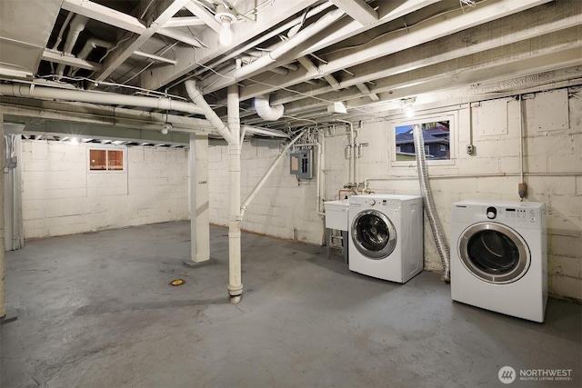 unfinished below grade area with washer and clothes dryer and electric panel