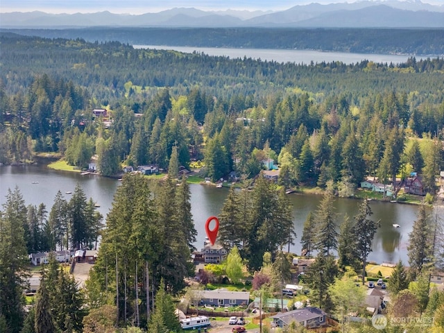birds eye view of property featuring a water and mountain view and a forest view