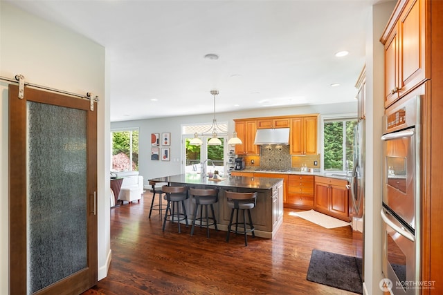 16653 SE 69th Way, Bellevue, WA 98006 - kitchen featuring under cabinet range hood, appliances with stainless steel finishes, dark wood-style flooring, a breakfast bar area, and plenty of natural light