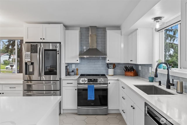 kitchen featuring wall chimney range hood, appliances with stainless steel finishes, plenty of natural light, and a sink