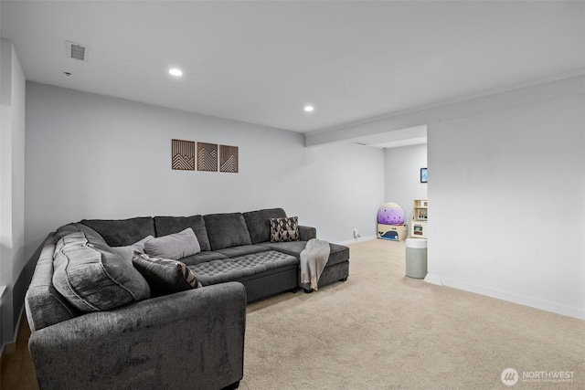 living area with baseboards, carpet, recessed lighting, and visible vents