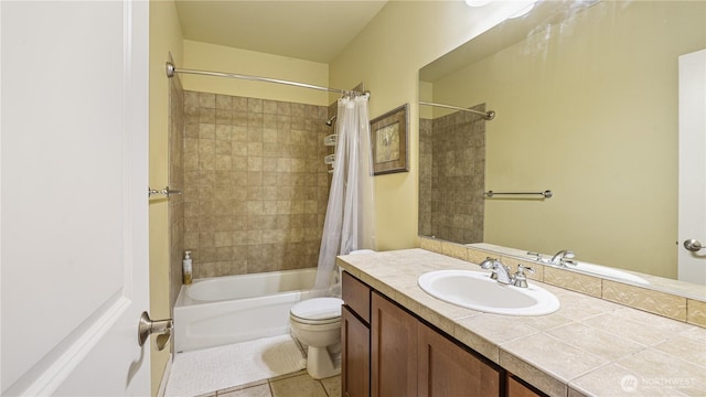 bathroom featuring toilet, tile patterned floors, shower / tub combo with curtain, and vanity