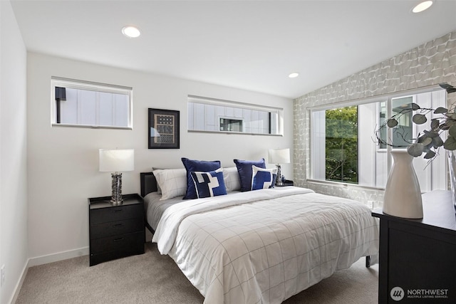 carpeted bedroom featuring recessed lighting, baseboards, and vaulted ceiling