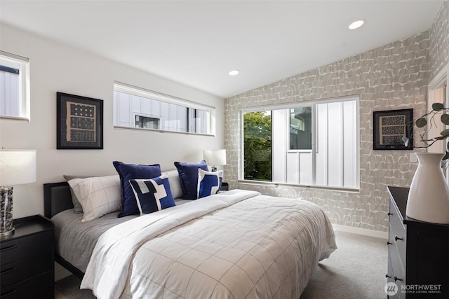 bedroom featuring carpet flooring, recessed lighting, baseboards, and lofted ceiling