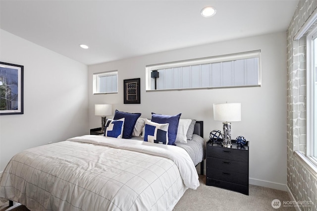 bedroom with carpet flooring, recessed lighting, and baseboards