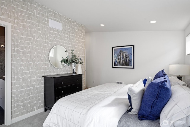 bedroom featuring carpet flooring, recessed lighting, baseboards, and visible vents