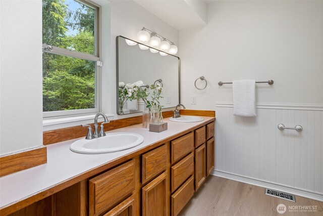 full bathroom with a sink, wainscoting, double vanity, and wood finished floors
