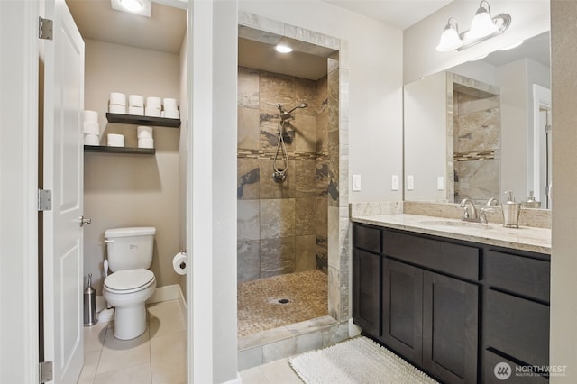 bathroom featuring vanity, tile patterned floors, a shower stall, and toilet