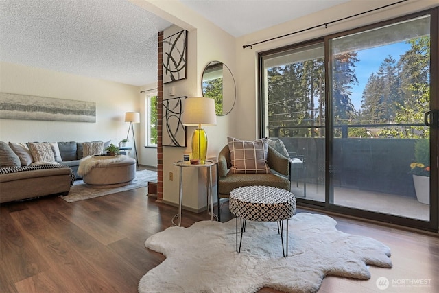 sitting room with a textured ceiling and wood finished floors