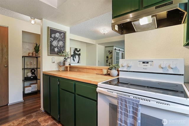 kitchen featuring exhaust hood, electric range, a textured ceiling, wooden counters, and green cabinets