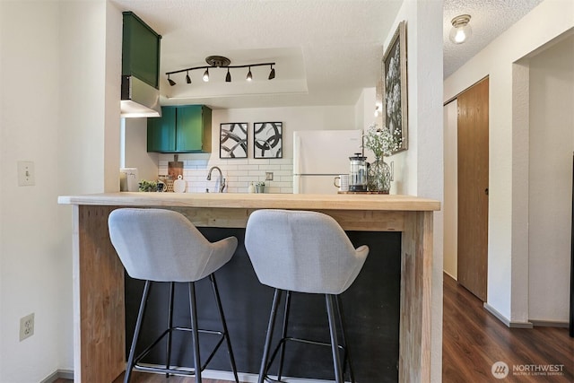 kitchen featuring tasteful backsplash, a sink, green cabinets, freestanding refrigerator, and dark wood-type flooring