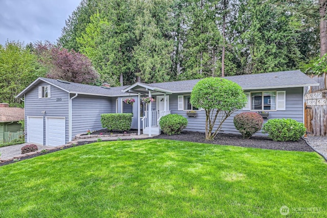 single story home with a garage, roof with shingles, and a front lawn