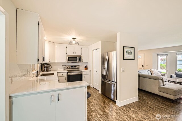 kitchen with appliances with stainless steel finishes, a sink, light countertops, a peninsula, and open floor plan