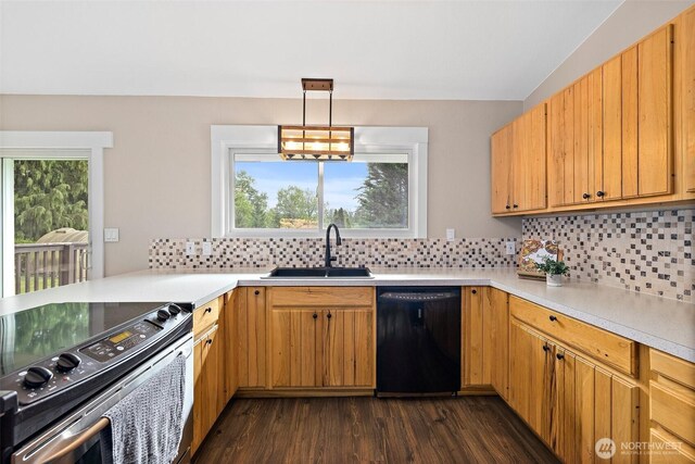 15304 SE 296th St, Kent, WA 98042 - kitchen featuring dark wood-style flooring, stainless steel electric range oven, a sink, light countertops, and black dishwasher