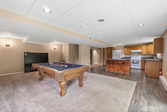 15304 SE 296th St, Kent, WA 98042 - game room with a paneled ceiling, pool table, a sink, baseboards, and dark wood-style floors