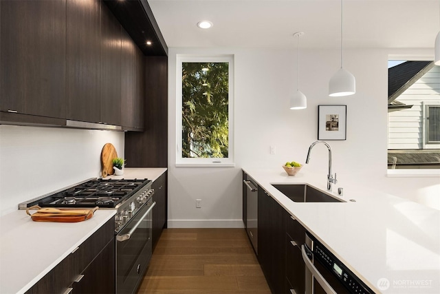 7356 21st Ave NW, Seattle, WA 98117 - kitchen with dark wood finished floors, a sink, light countertops, baseboards, and stainless steel appliances