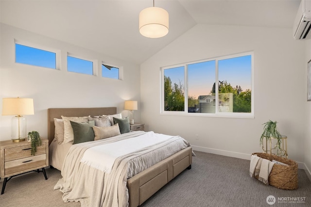 7356 21st Ave NW, Seattle, WA 98117 - bedroom featuring carpet floors, baseboards, a wall mounted AC, and lofted ceiling