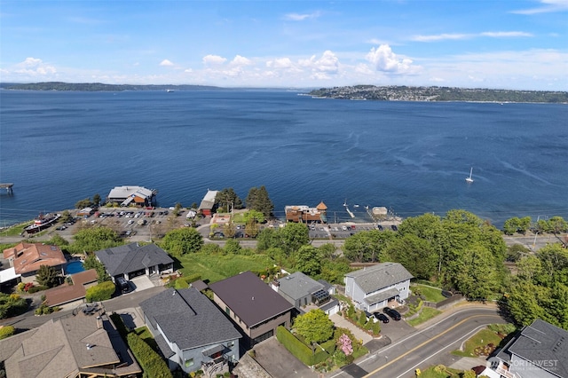aerial view featuring a water view and a residential view