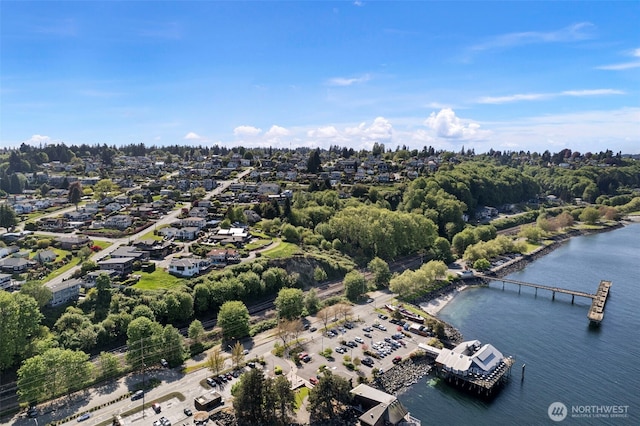 drone / aerial view featuring a water view