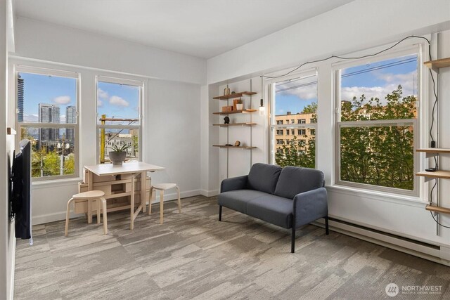 sitting room with light colored carpet, a baseboard radiator, and baseboards
