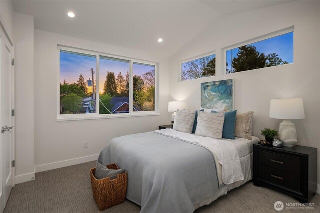 bedroom with carpet floors, recessed lighting, baseboards, and vaulted ceiling