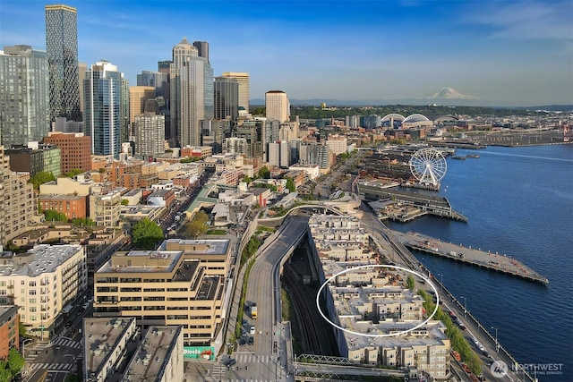 bird's eye view featuring a city view and a water view