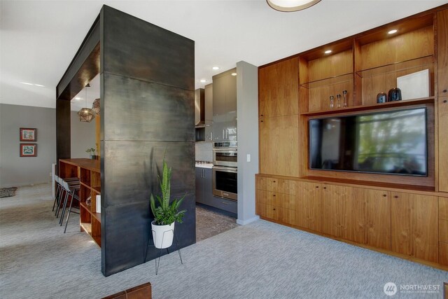 kitchen featuring open shelves, modern cabinets, carpet, and double oven