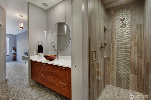 bathroom featuring walk in shower and vanity