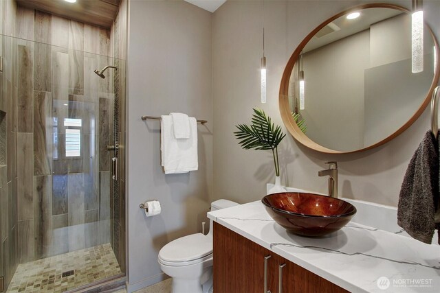 bathroom with vanity, toilet, and a shower stall