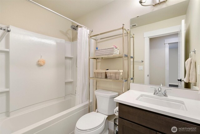full bathroom with visible vents, shower / bath combination with curtain, toilet, and vanity