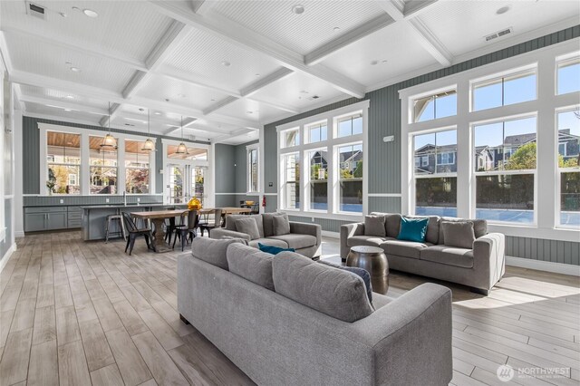 sunroom / solarium featuring plenty of natural light, coffered ceiling, and visible vents