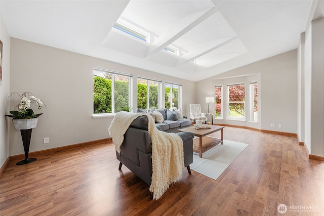 living room with a healthy amount of sunlight, baseboards, wood finished floors, and lofted ceiling