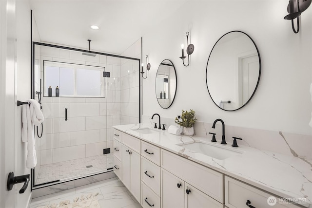 8018 24th Ave NW, Seattle, WA 98117 - bathroom with marble finish flooring, double vanity, a shower stall, and recessed lighting