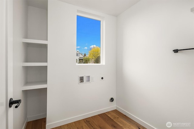 8018 24th Ave NW, Seattle, WA 98117 - washroom with electric dryer hookup, hookup for a washing machine, wood finished floors, and baseboards