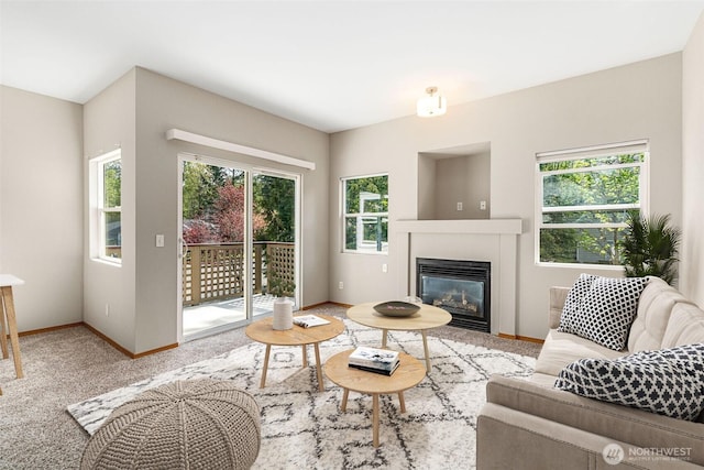 17610 134th Ln SE, Renton, WA 98058 - carpeted living room featuring a glass covered fireplace and baseboards